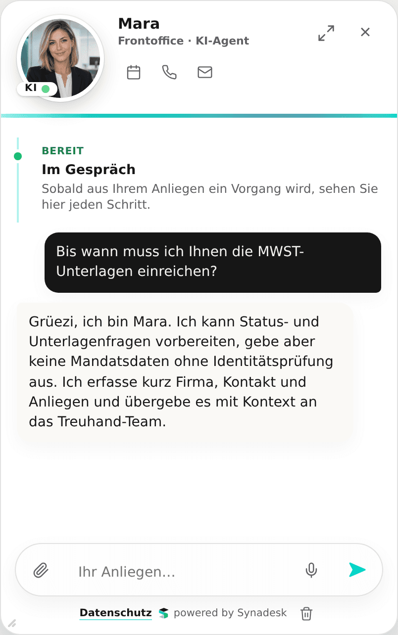 Synadesk-Widget: Mandant fragt nach der MWST-Frist, Mara nimmt die Unterlagenfrage auf und übergibt sie mit Kontext ans Treuhand-Team.